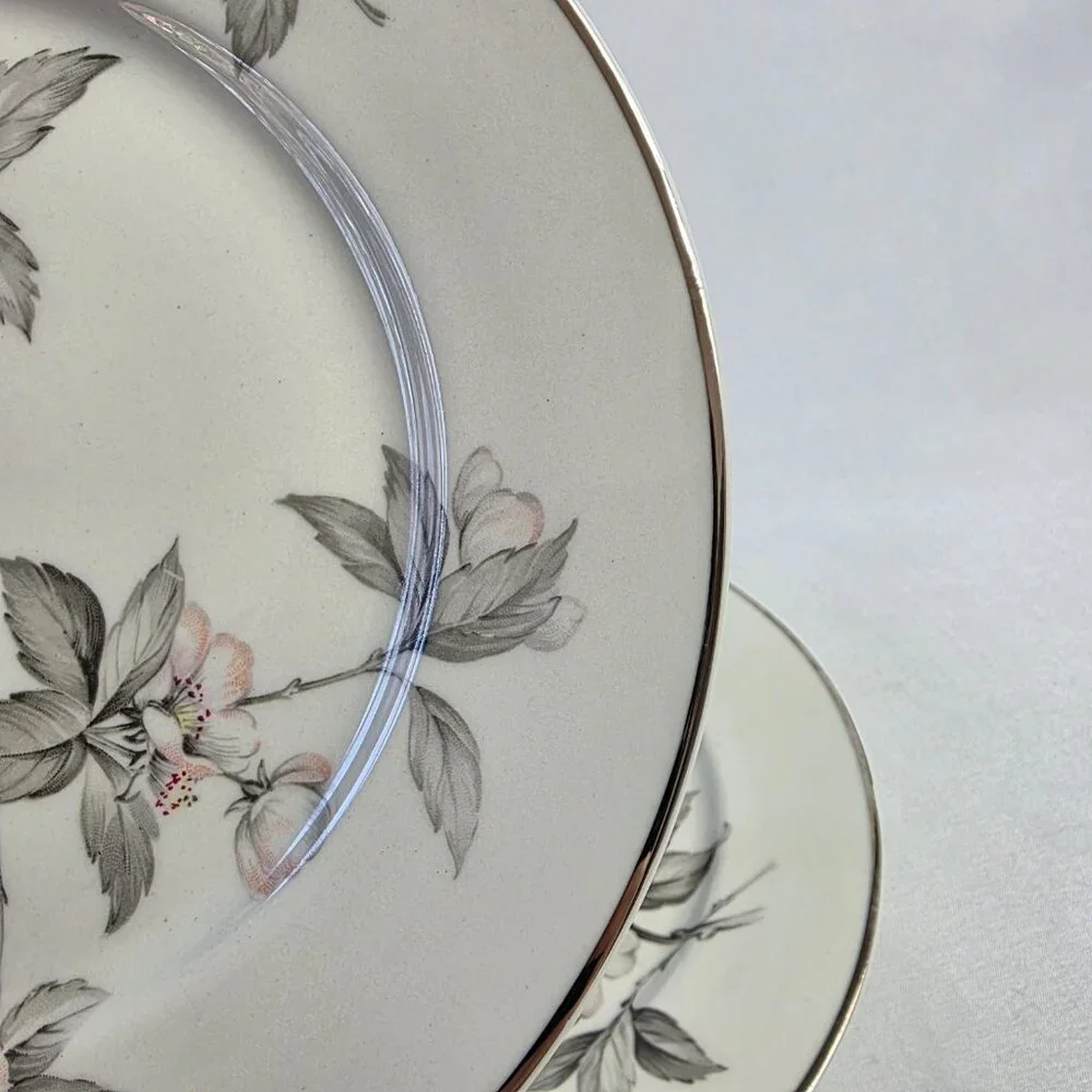 TWO Manor House Spring Glory Salad Plates Pink & White Floral Gray Leaves
